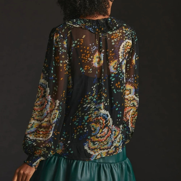 By Anthropologie Peasant Blouse Button Up Semi Sheer Pleated Top Neck Tassels XS - Picture 2 of 16
